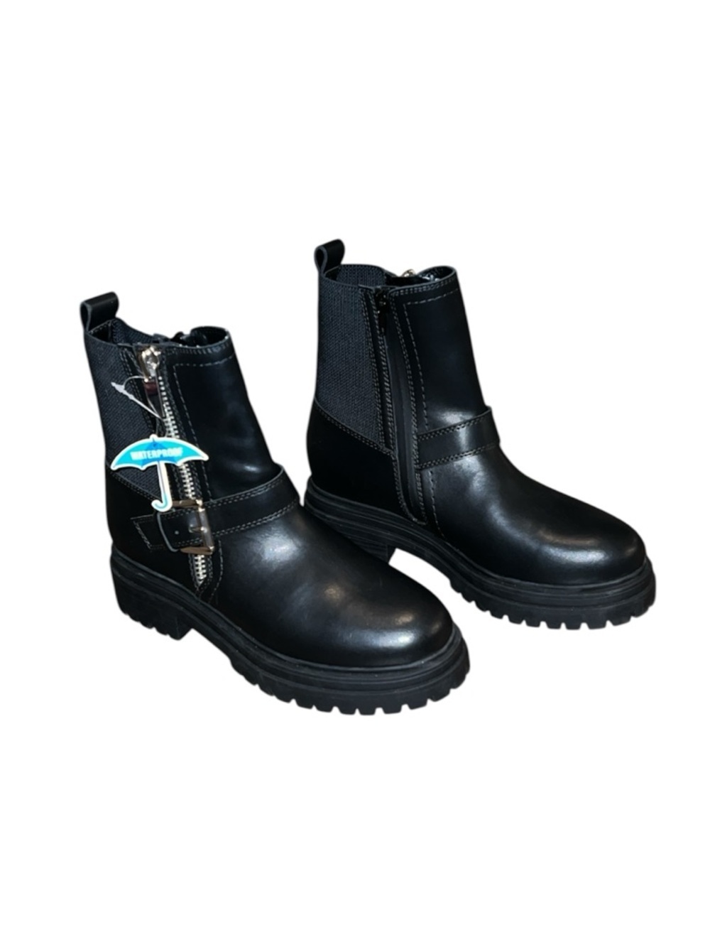 NEW College Waterproof Black Combat Boots - Buckle Detail Lug Sole Moto Boot 6.5